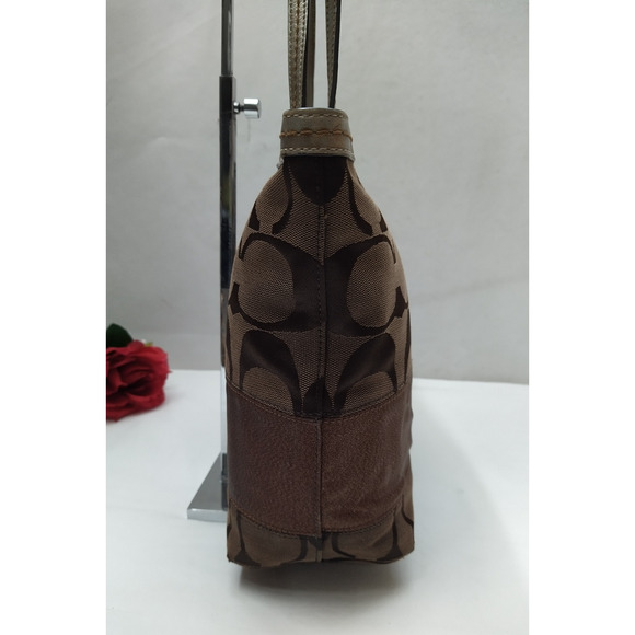 Coach Signature Brown Canvas Stripe Double Handles Zipper Closure 